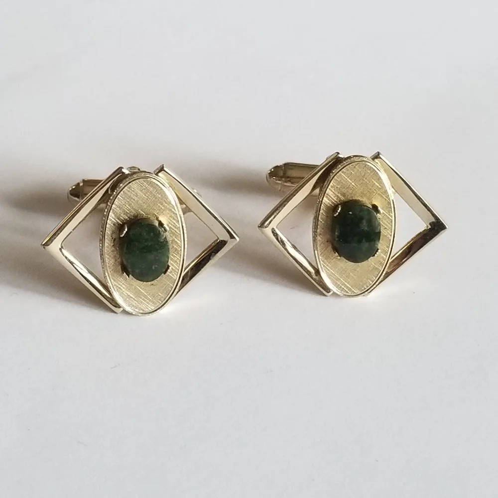Vintage cufflinks by Dante pale gold tone metal green stone cabochons